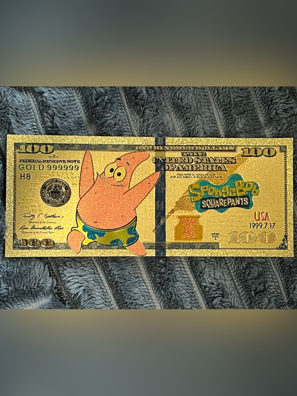 SpongeBob SquarePants Patrick Star 24K Gold Foil Novelty $100 Bill Collectible